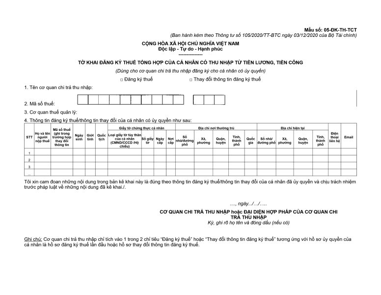 Tailieuxanh - Mẫu Tờ Khai Đăng Ký Thuế Tổng Hợp Của Cá Nhân Có Thu Nhập Từ  Tiền Lương, Tiền Công (Mẫu Số: 05-Đk-Th-Tct)